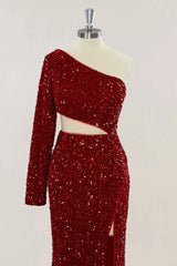 2024 One shoulder Sequins Burgundy Prom Dress Long Evening Dress uk