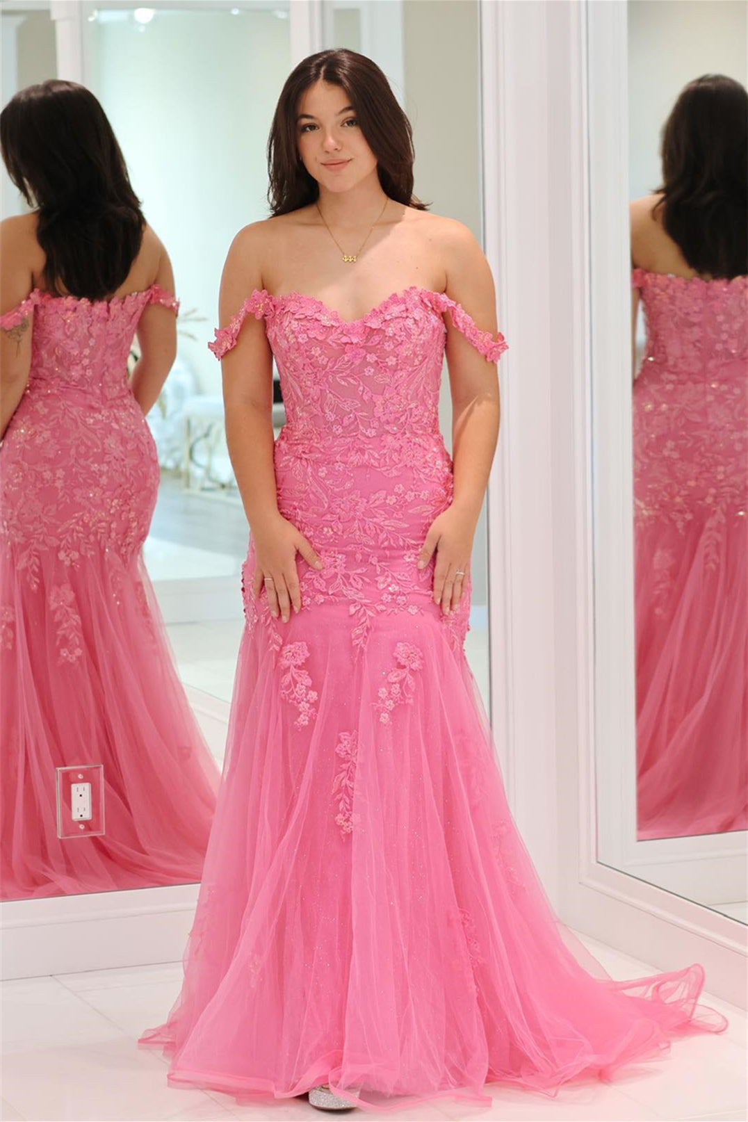 2024 Pink Floral Lace Formal Dresses Mermaid Off-Shoulder