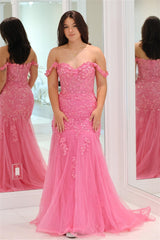 2024 Pink Floral Lace Formal Dresses Mermaid Off-Shoulder