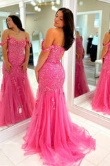 2024 Pink Floral Lace Formal Dresses Mermaid Off-Shoulder