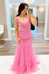 2024 Pink Floral Lace Formal Dresses Mermaid Off-Shoulder