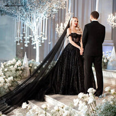 2024 Princess Black Gothic Wedding Dresses with Sequin Lace Applique