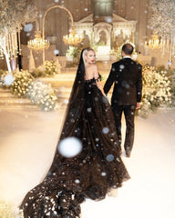 2024 Princess Black Gothic Wedding Dresses with Sequin Lace Applique