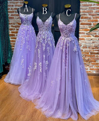 2024 Straps Violet Purple Prom Dresses Lace Tulle Long A-line Dress