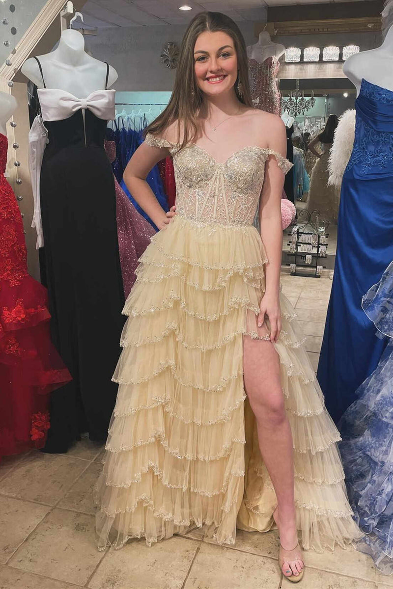 2024 Tiered Prom Dresses Champagne Ruffle Off the Shoulder Sequin