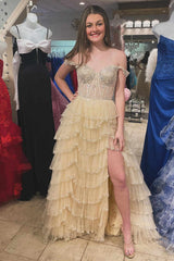 2024 Tiered Prom Dresses Champagne Ruffle Off the Shoulder Sequin