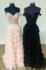 2024 Tiered Prom Dresses Champagne Ruffle Off the Shoulder Sequin