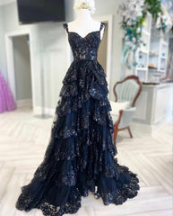 2024 New Blue Long Tiered Prom Dresses Lace Sequin Off the Shoulder