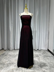 Sheath Spaghetti Straps Burgundy Floor-length Long Prom Dress with Silt