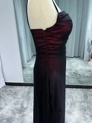 Sheath Spaghetti Straps Burgundy Floor-length Long Prom Dress with Silt