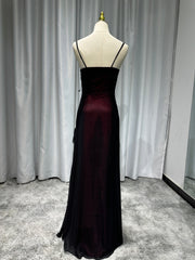 Sheath Spaghetti Straps Burgundy Floor-length Long Prom Dress with Silt