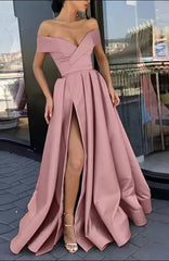 Aimishang A-Line Evening Gown Party Dress Sexy Dress Prom Birthday Floor Length Short Sleeve Off Shoulder Satin with Slit Pure Color