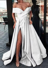 Aimishang A-Line Evening Gown Party Dress Sexy Dress Prom Birthday Floor Length Short Sleeve Off Shoulder Satin with Slit Pure Color