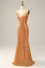 Orange Sequined Backless Mermaid Prom Dress Sparkly