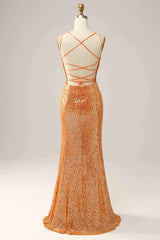 Orange Sequined Backless Mermaid Prom Dress Sparkly
