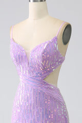 Sparkly Purple Mermaid Spaghetti Straps Sequins Prom Dress with Slit Charming Evening Party Dress