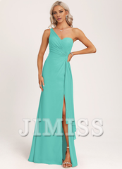 Ruffled A-line One Shoulder Floor Length Chiffon Bridesmaid Dress
