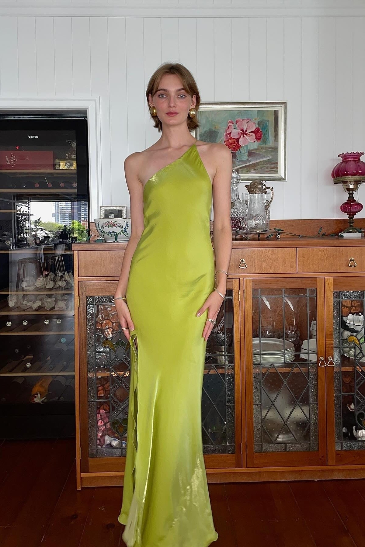 Sheath One Shoulder Light Green Long Party Dresses