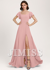Ruffled A-Line Square Floor-Length Chiffon Bridesmaids Dress