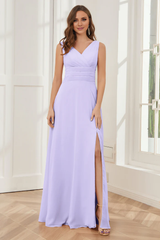 V-neck sleeveless chiffon side slit and floor length bridesmaid dress