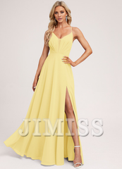 A-line V-neck tea-length chiffon pleated bridesmaid dress