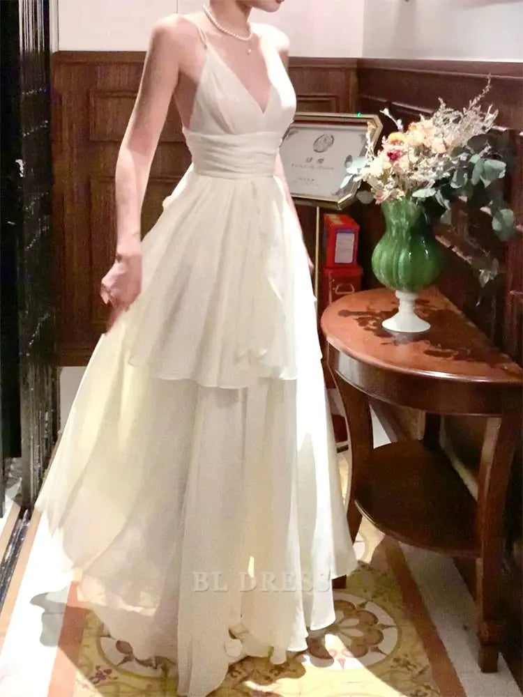 A Line Spaghetti Straps Ivory Long formal dresses Bridesmaid Dresses evening gown Prom Dress With Layers