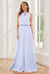 Pillar style wind neck sleeveless chiffon and floor length bridesmaid dress