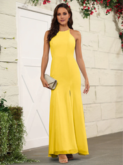 Simple neck hanging chiffon split and floor length bridesmaid dress