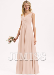 A-line V-neck floor-length chiffon pleated bridesmaid dress