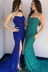 Mermaid Spaghetti Straps Royal Blue Lace Sequins Long Prom Dresses