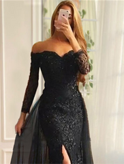 Evening Gown Floral Dress Formal Long Sleeve Off Shoulder Chiffon with Sequin Slit Appliques