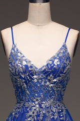 A Line Royal Blue Long Prom Dress With Appliques Sexy