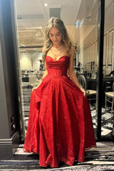 A Line Sweetheart Sparkly Satin Long Burgundy Prom Dresses