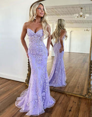 Lilac Mermaid Corset Back Long Prom Dress With Appliques Charming Evening Dress
