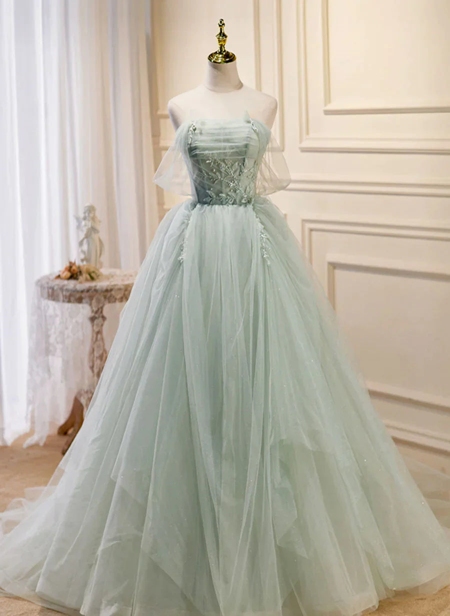 Zoom Light Green Tulle Beaded Sweetheart Long Prom Dress, A-line Green Formal Dress