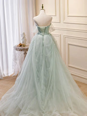 Zoom Light Green Tulle Beaded Sweetheart Long Prom Dress, A-line Green Formal Dress