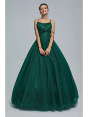 Ball Gown Prom Dresses Sparkle & Shine Dress Graduation Floor Length Sleeveless Spaghetti Strap Tulle with Pearls