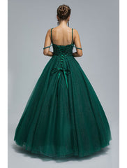 Ball Gown Prom Dresses Sparkle & Shine Dress Graduation Floor Length Sleeveless Spaghetti Strap Tulle with Pearls