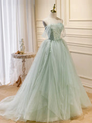 Zoom Light Green Tulle Beaded Sweetheart Long Prom Dress, A-line Green Formal Dress