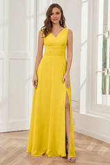 V-neck sleeveless chiffon side slit and floor length bridesmaid dress
