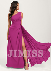 Ruffled A-line One Shoulder Floor Length Chiffon Bridesmaid Dress