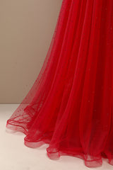 Red A Line Sweetheart Tulle Long Prom Dress with Beading Sparkly