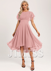 Ruffled A-line Spoon Asymmetric Chiffon Bridesmaids Dress