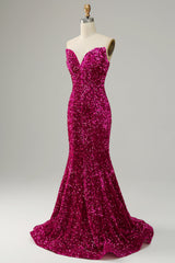 Fuchsia Sweetheart Neck Sequined Mermaid Prom Dress With Sweep Train Sparkly