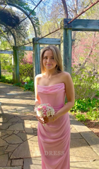 Sheath Sleeveless Pink Chiffon Long formal dresses Bridesmaid Dresses evening gown Prom Dress With Split