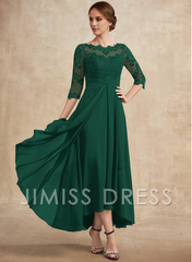 Jimiss A-line hollow illusion asymmetrical lace chiffon belt with layered ruffles mother of the bride dress
