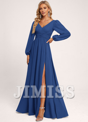 Ruffled A-line V-neck Floor-length Chiffon Bridesmaids Dress