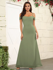 Split off shoulder thin shoulder strap chiffon and floor length bridesmaid dress