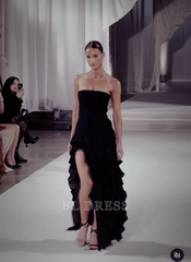 Sheath Strapless Chiffon Floor Length High Low Black formal dresses Bridesmaid Dresses evening gown Prom Dress