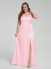 Split plus size soft satin and floor length bridesmaid dress